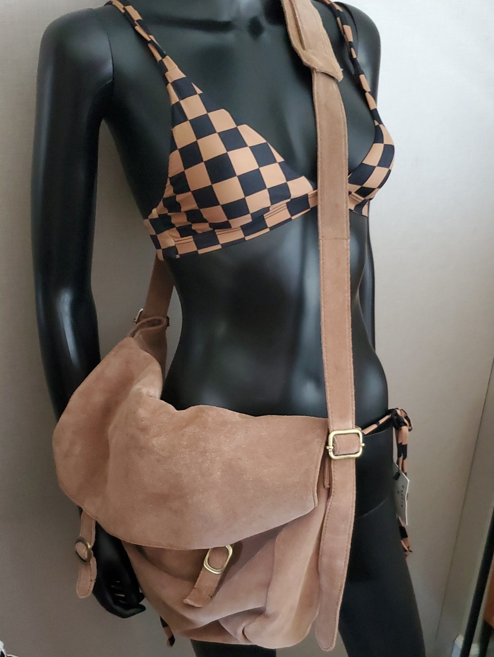 Free People Suede Crossbody Messenger Bag in Caramel-Tan Color